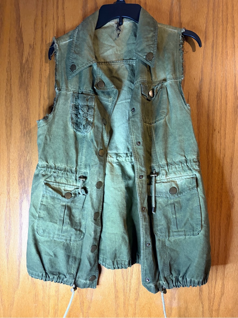 Women’s Olive Green Cargo Utility Vest Distressed Sleeveless Size S